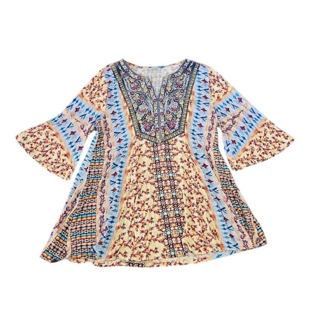 Soft Surroundings Boho Embroidered Tunic Top XL Mixed Print Bell Sleeve